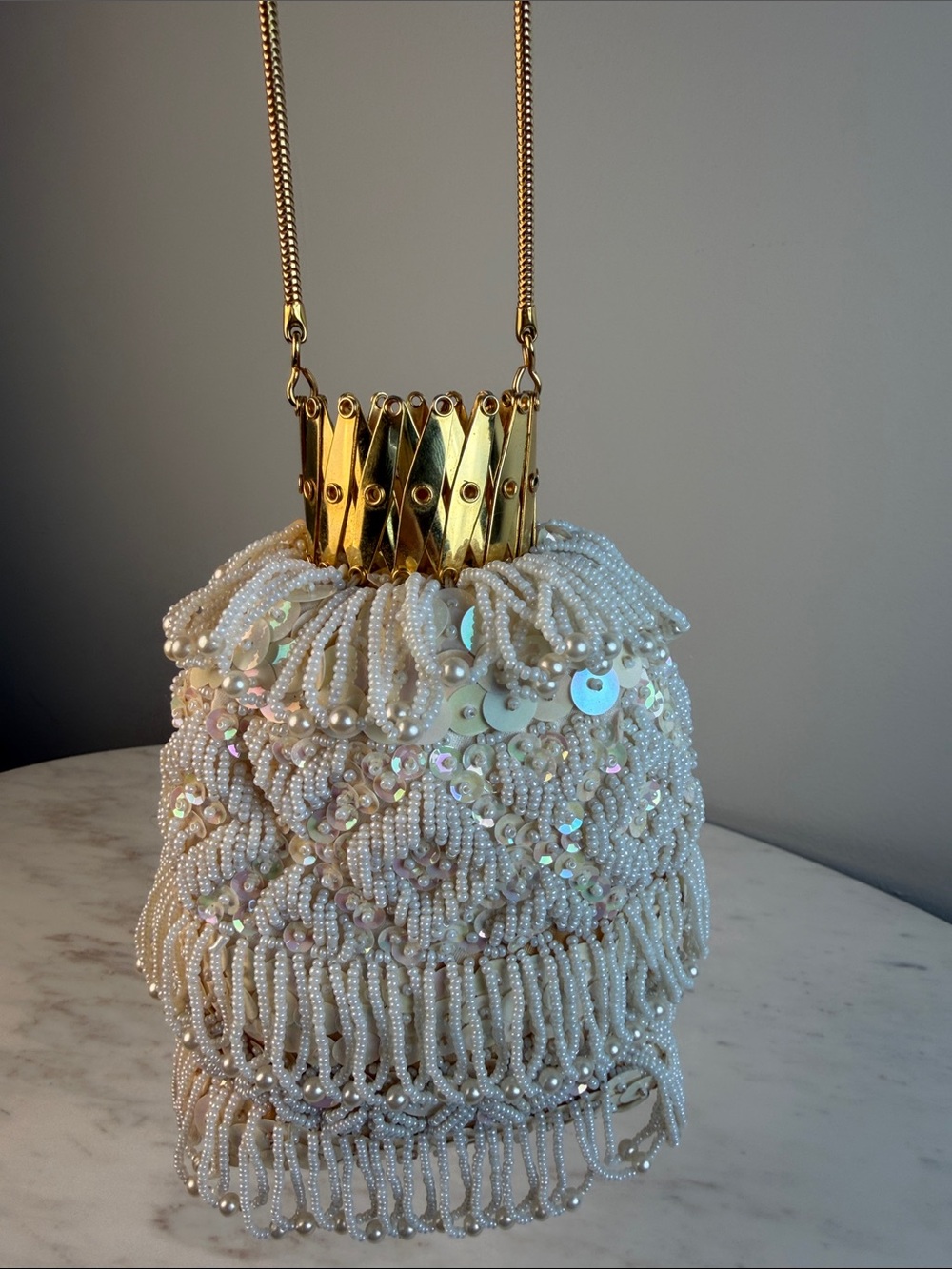 Vintage Sequin Beaded Pearl Fringe Bucket Bag with Gold Accordian Closure